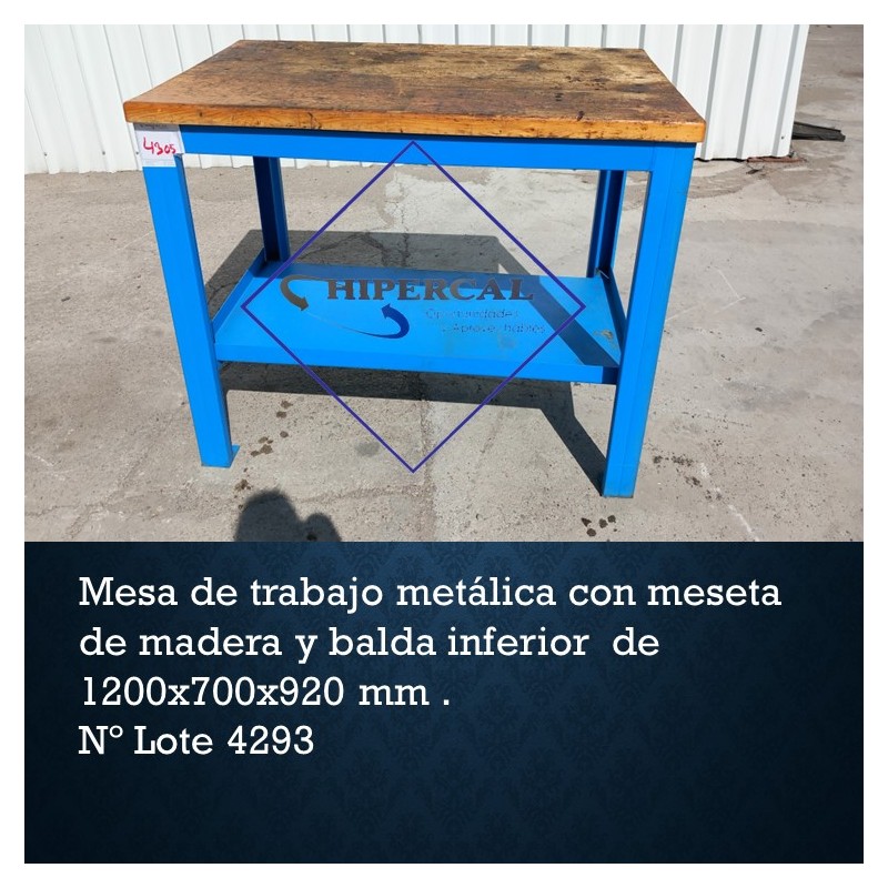 MESA DE TRABAJO METALICA CON MESETA DE MADERA Y BALDA INFERIOR  DE 1200X700X920 MM